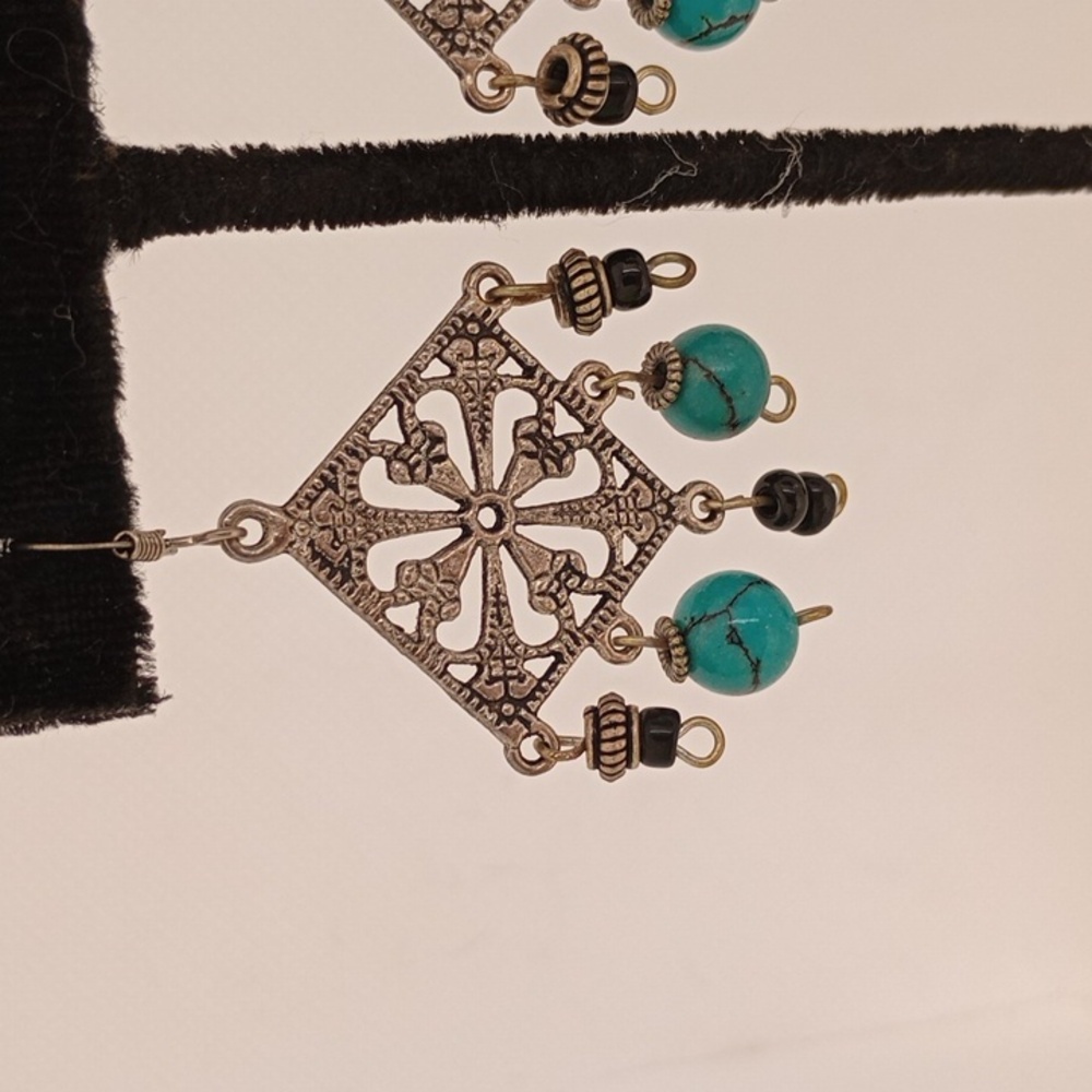 Handmade Dangle Earrings Western Boho Chic Casual Unique Silver Black Turquoise